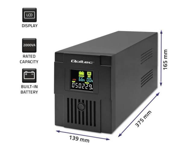 Qoltec UPS Line Interactive | Monolith | 2000VA | 1200W | LCD | USB - 1180152 - zdjęcie 2